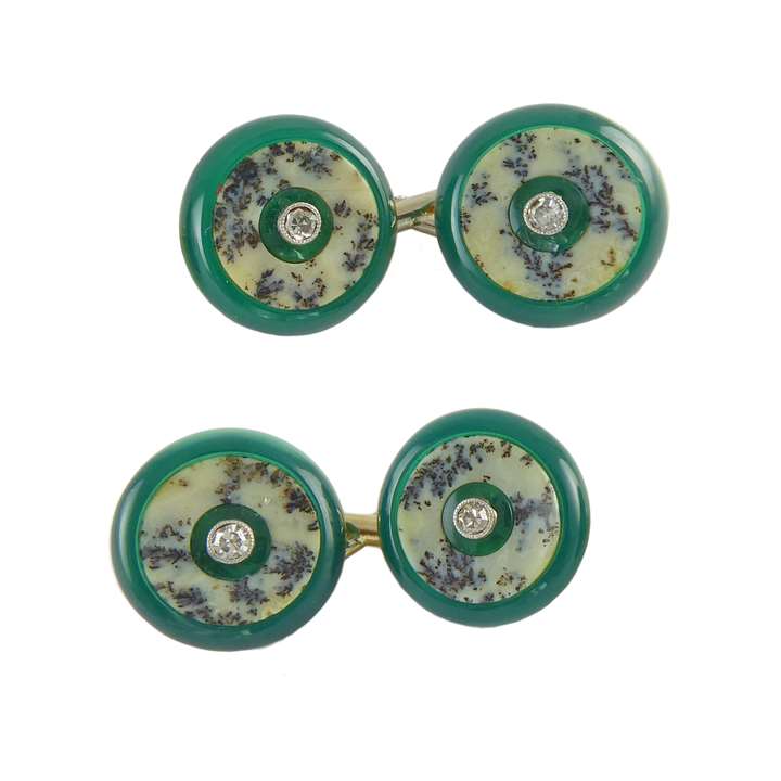 Pair of Art Deco moss agate, green chalcedony and diamond cufflinks, Swedish c.1920, the circular chalcedony faces each inlaid with a disc of moss agate,
